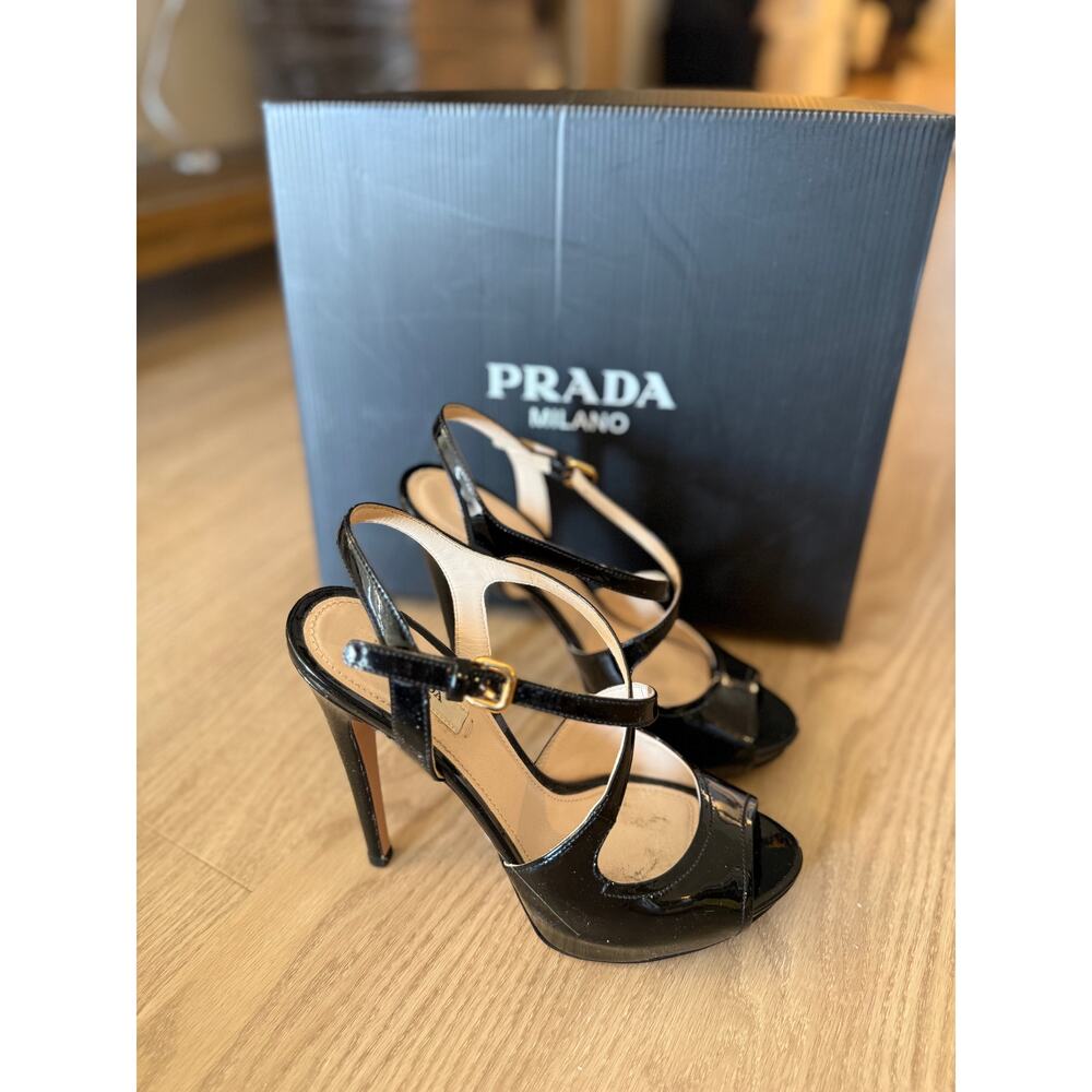 Prada Black Patent Leather Platform Slingback Sandals